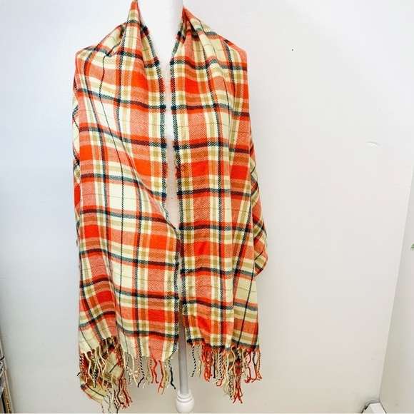 J Crew Scarf Wrap Shaw Plaid  Fringe Boho Preppy 26' X 70"  Lightweight Raw Hem - Picture 1 of 7